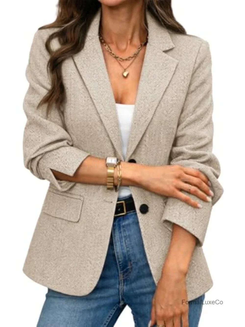 Herringbone Tweed Blazer - Slim Fit Business Casual Work Jacket with Flap